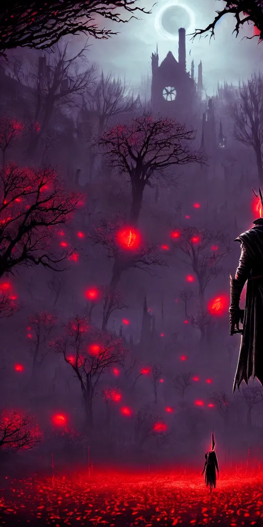 Image similar to soulless bloodborne old valley with a obscure person at the centre and a ruined gothic city in the background, trees and stars in the background, falling red petals, epic red - orange moonlight, perfect lightning, wallpaper illustration by niko delort and kentaro miura, 4 k, ultra realistic