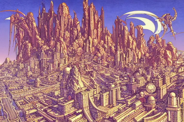 Image similar to late renaissance city on the coast, intricate linework, in the style of moebius, ayami kojima, 9 0's anime, retro fantasy