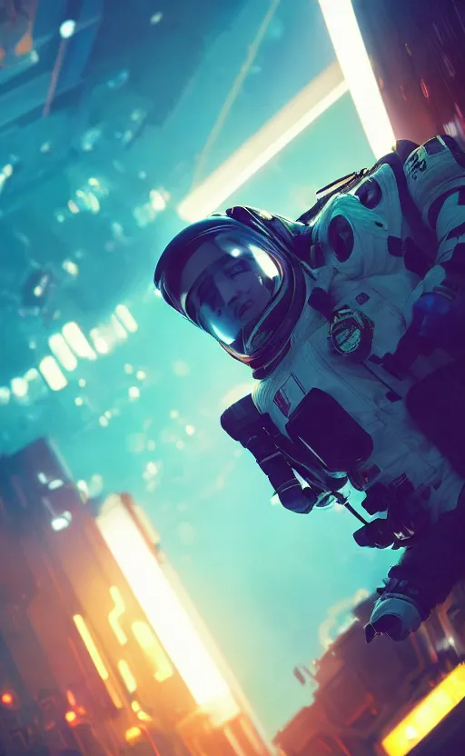 Image similar to professional photo of astronaut from front standing very close to camera from low angle shot, cyberpunk, synthwave, blade runner, hyperrealistic masterpiece, trending on artstation, cgsociety, kodakchrome, golden ratio, cinematic, composition, beautiful lighting, hyper detailed, sharp focus, octane render, 4 k, unreal engine