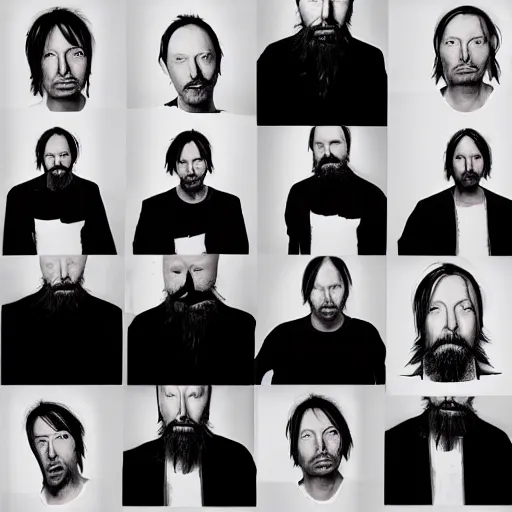 Image similar to Radiohead, Yorke, with a beard and a black shirt, a computer rendering by Martin Schoeller, cgsociety, de stijl, uhd image, tintype photograph, studio portrait, 1990s, calotype