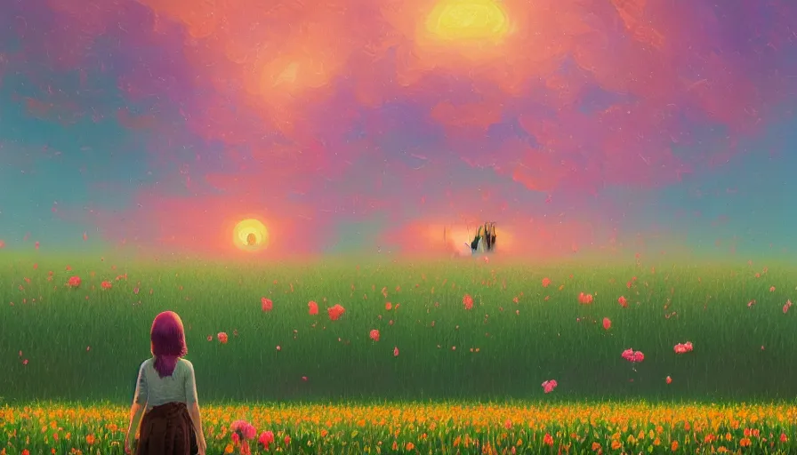 Prompt: girl with a flower face, surreal photography, dream, standing in flower field, hills, big trees, sunrise dramatic light, impressionist painting, colorful clouds and birds in sky, digital painting, pointillism, artstation, simon stalenhag