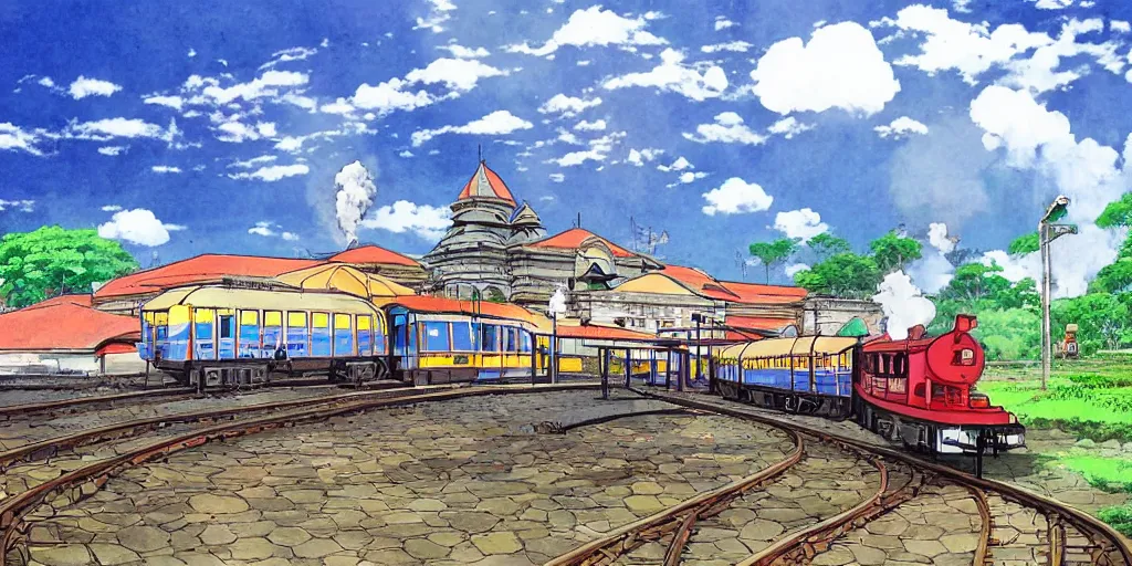 Image similar to sri lankan train station, drawn by hayao miyazaki