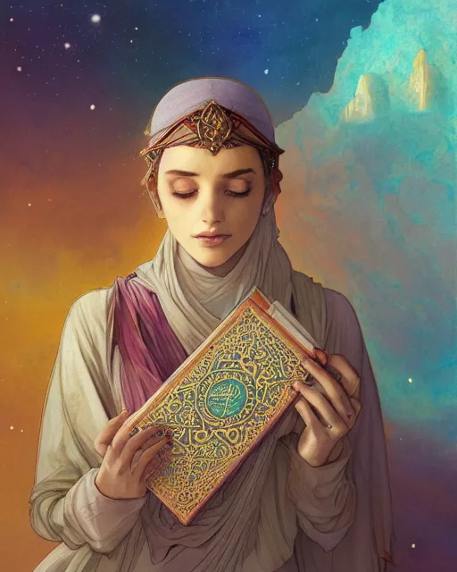 Prompt: an open quran on an old stone in the desert surrounded by nebula, highly detailed, gold filigree, romantic storybook fantasy, soft cinematic lighting, award, disney concept art watercolor illustration by mandy jurgens and alphonse mucha and alena aenami, pastel color palette, featured on artstation