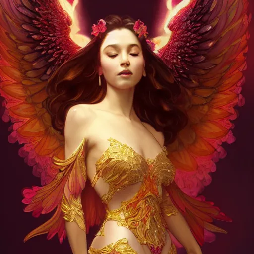 Image similar to a beautiful orchid phoenix angel woman, in an ornamented dress with large wings, volumetric light, god rays, 8 k high resolution, rubies, by greg rutkowski, artgerm, alphonse mucha