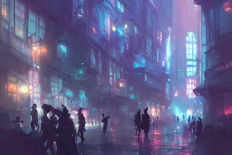 Image similar to Hogwarts cyberpunk city, neon lighting, night city, digital art from artstation by Ruan Jia and Mandy Jurgens and Artgerm and william-adolphe bouguereau and Greg Rutkowski and Wayne Barlowe