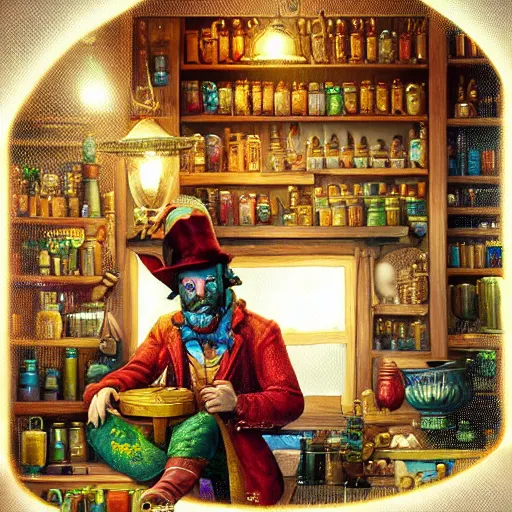 Image similar to Anthropomorphized parrot trader in his shop, shelves full, selling a gem, portrait, items, magic potions, window, warm lamp, fancy hat, sly expression , cunning expression, cute expression, presenting magic gem, D&D, fantasy, cinematic lighting, highly detailed, digital painting, artstation, concept art, smooth, sharp focus, illustration, warm light, cozy warm tint, magic the gathering artwork, volumetric lighting, 8k, no gold, no gold colours, art by Akihiko Yoshida, Greg Rutkowski