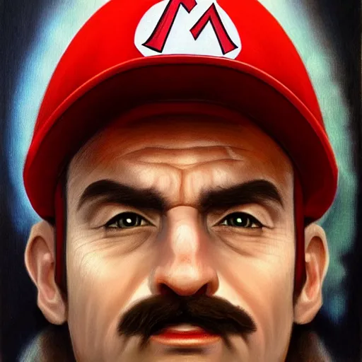 Image similar to An ultra realistic portrait painting of Mario in the style of Frank Frazetta, 4k, Ultrarealistic, Highly Detailed, Dark Fantasy, Epic Lighting