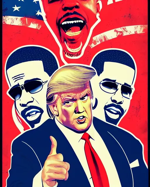 Prompt: vintage movie poster, rapper drake!! portrays united states president donald trump, action thriller, minimal, vibrant, fanart, trending on artstation