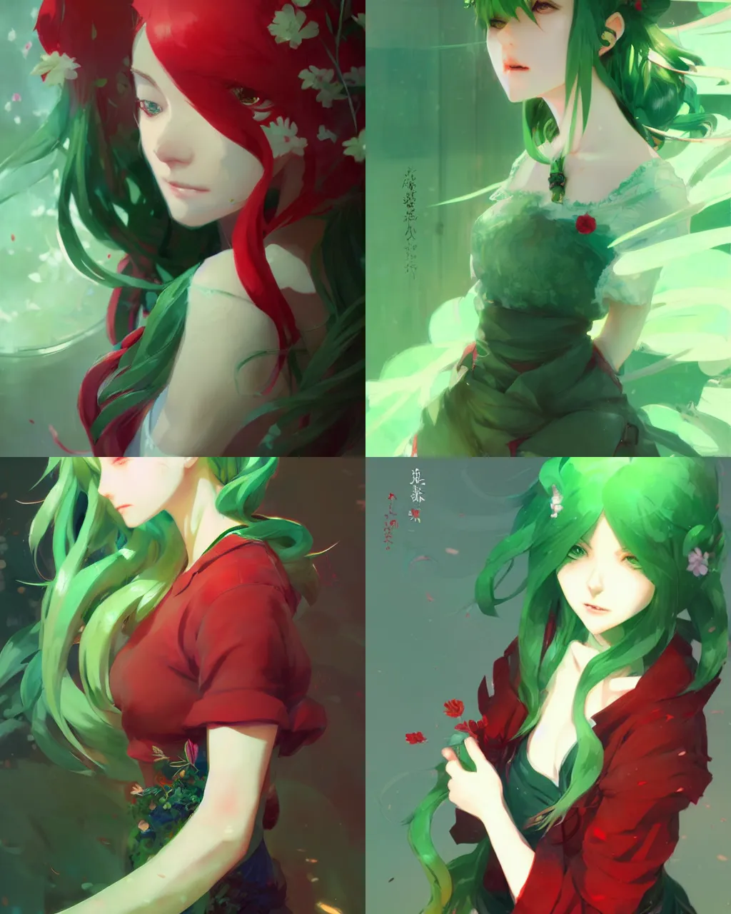 Prompt: girl with green hair and red clothing, flower decoration on the background, a beautiful half body illustration, top lighting, perfect shadow, soft painting, art by hidari and krenz cushart and wenjun lin