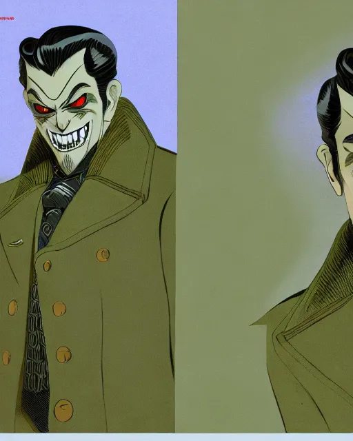 Image similar to handsome male vampire, symmetrical face, evil grin, cinematic, dramatic, super detailed and intricate, 4 k render, by koson ohara, by darwyn cooke, by satoshi kon