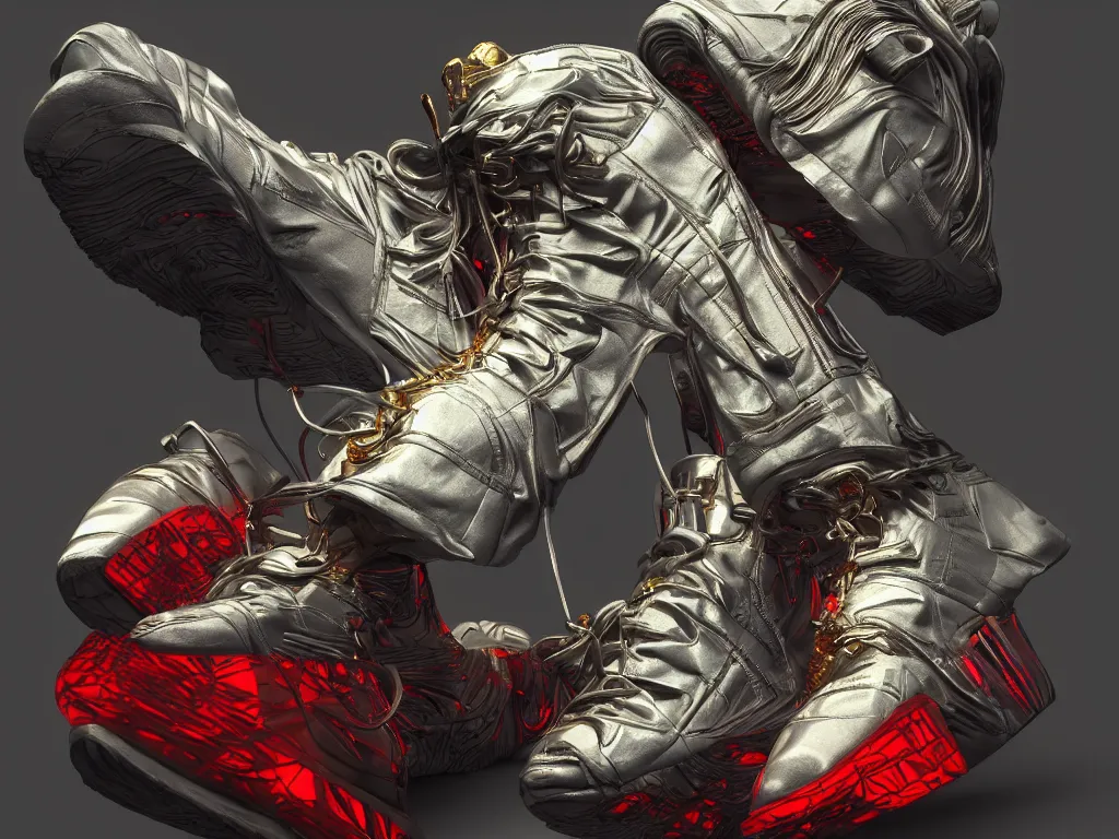 Prompt: realistic 3 d render of a sculpture of one cyberpunk sneaker, beautiful studio lighting, soft, sharp focus, neon cyberpunk highlights, intricate detail, gold and red accents, soft rubber, octane render, side view, trending on artstation, deviantart, art by syd mead and issey miyake