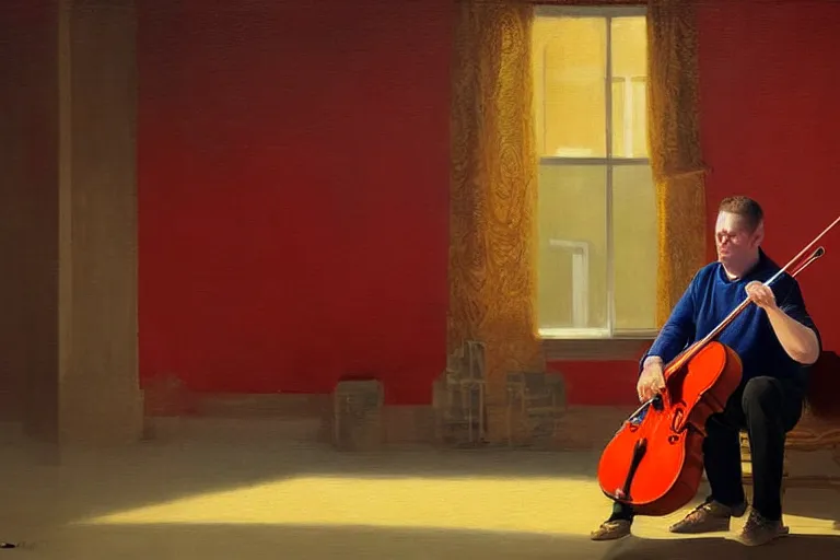 Prompt: a man in red playing the violin next to a yellow lightinghouse, the sun is shining and the ocean is blue, Painting, Fine Art, Unreal Engine, Karol Bak