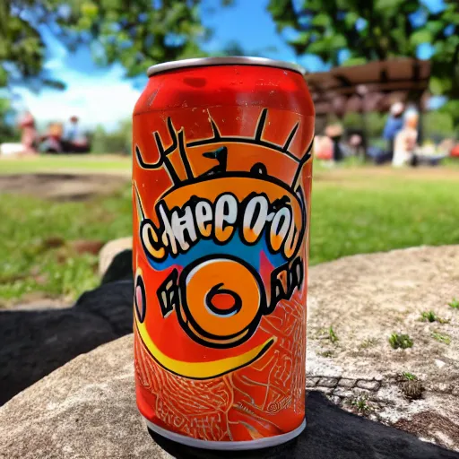 Image similar to a can of cheetos soda at a picnic in the park