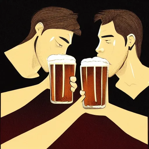 Prompt: two beautiful men drinking beer, red hearts, sadness, dark ambiance, concept by Godfrey Blow, featured on deviantart, drawing, sots art, lyco art, artwork, photoillustration, poster art