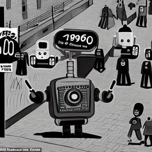 Image similar to in the style of 1960s, A scary robot is chasing after a bunch of scared adults with fully detailed faces, down the street, fully detailed , faces in focus