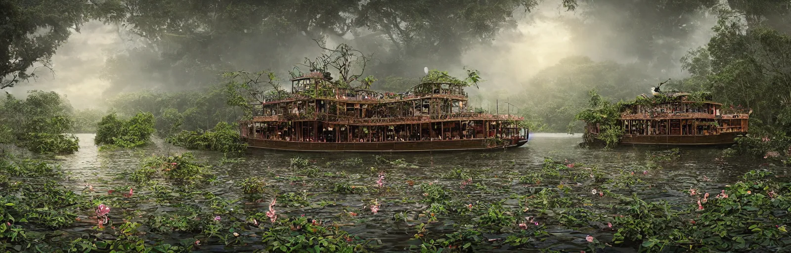 Prompt: A wooden, beautiful 1880's steamboat overgrown with intricate vines, flowers, snakes, anacondas and exotic vegetation floating down on the Amazon river. Faint lights from inside the ship. Steam. Birds circulating. The boat looks like an island. Ecosystem. Sunset. Volumetric lights. Mist. hyper-maximalistic, with high detail, cinematic, beautiful detail, insanely complex details, 50mm lens.