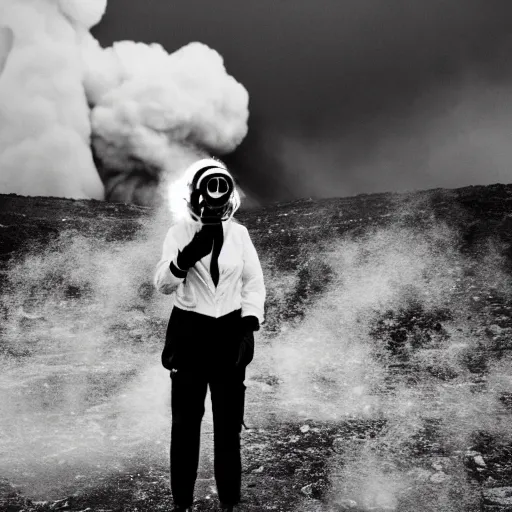 Image similar to a wolf with white suit, she wear gasmask, in volcano, standing close to volcano, fire raining, professional photography, black and white, cinematic, eerie