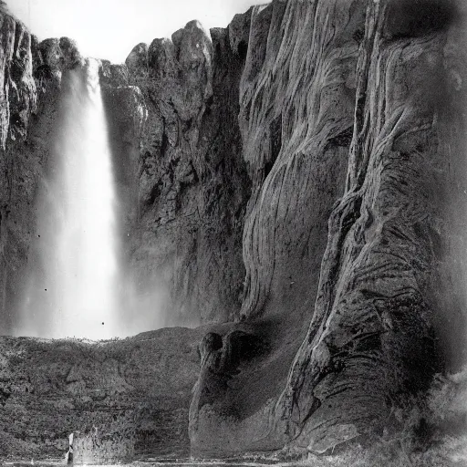 Image similar to a giant water fall in between two mountains with gigantic alien faces sculpted in each Montaigne, photoshoot, 1940's photography, old grain