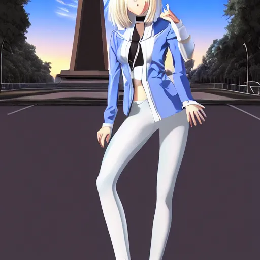 Image similar to aristocratic platinum - blonde - haired long bob cut blue - eyed princess wearing white leggings and black jacket, standing next to communist monument, anime, hd anime wallpaper, hyperrealistic lighting, drawn by artgerm