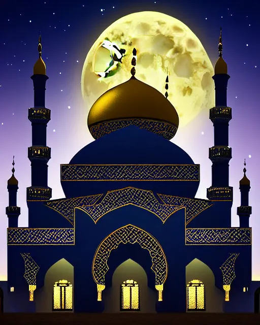 Image similar to beautiful mosque under a giant full moon, glowing arabic symbols, epic gold spires and towers, cinematic, dramatic lighting, extreme detail, artstation, sharp focus, masterpiece,