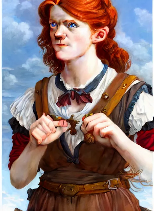 Image similar to portrait Rose Leslie as Pippi Longstocking, full length shot, shining, 8k highly detailed, sharp focus, illustration, art by artgerm, mucha, bouguereau