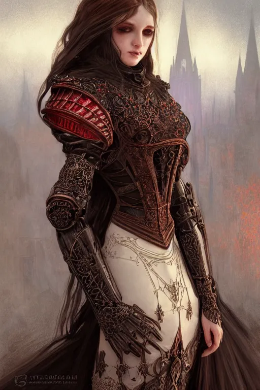 Prompt: beautiful luxury and gothic and victorian and holy medieval female reddish and white color armor knight portrait+smoky eyes+light flowing hair, in ruin gothic cathedral, ultradetail face, art and illustration by tian zi and craig mullins and WLOP and alphonse mucha, fantasy, intricate complexity, human structure, fantasy world concept, watermark, blurry, hyperrealism 8k