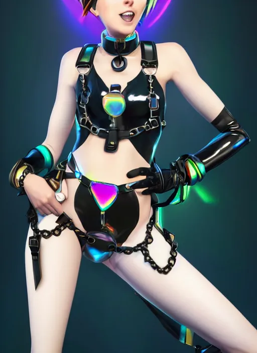 Image similar to full body digital artwork of tracer overwatch, wearing black iridescent rainbow latex bikini, 4 k, expressive happy smug expression, makeup, in style of mark arian, wearing detailed black leather collar, wearing chains, black leather harness, leather cuffs around wrists, detailed face and eyes,