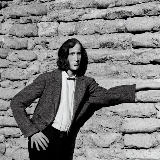 Image similar to 4K photograph of a panicked dishevelled slender young man with long hair in 1930s apparel backed against a stone wall trying to protect himself. Dramatic lighting