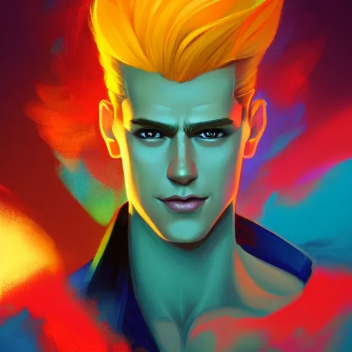Prompt: colorful and festive johnny bravo rich vivid colors, ambient lighting, dynamic lighting, 4 k, atmospheric lighting, painted, intricate, highly detailed by charlie bowater