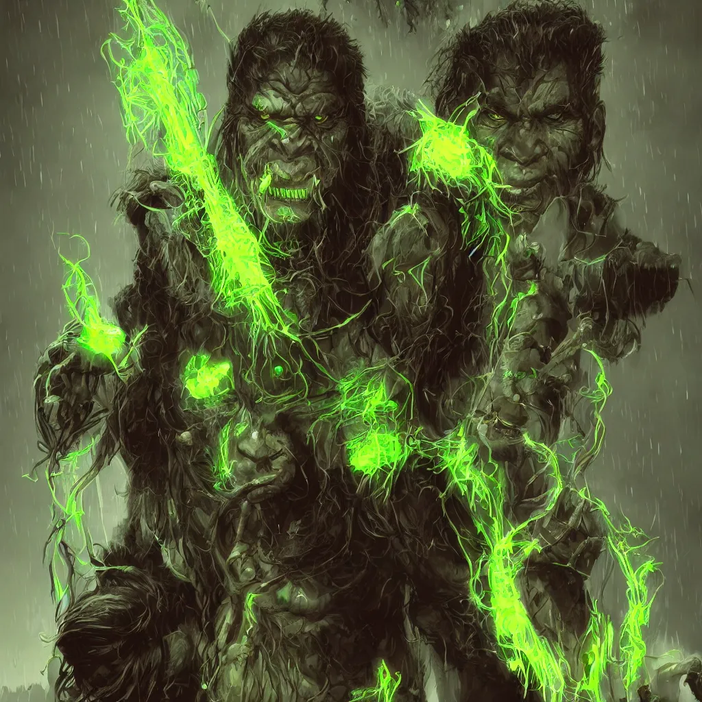 Prompt: half - orc shaman with long wiry grey hair, glowing green eyes, glowing tattoos, lightning in background, rainy background, character concept art, artstation, digital art