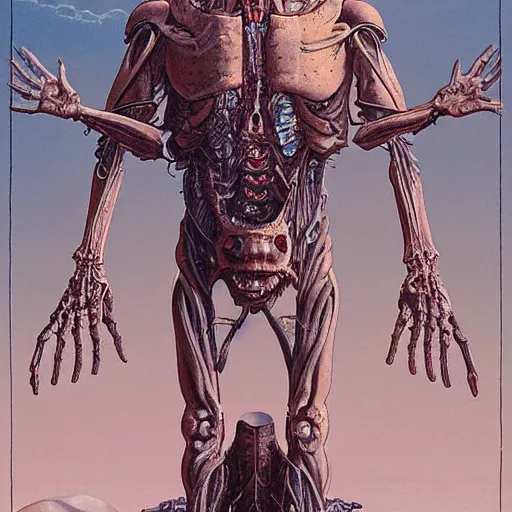 Image similar to biomechanical human raising his hands into the sky of the machine by wayne barlowe