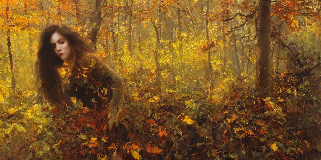 Prompt: oil on canvas, woman's hair styled in long waves with shades of yellow and red, many leaves and branches in the foreground, in a forest in autumn, by jeremy lipking, craig mullins