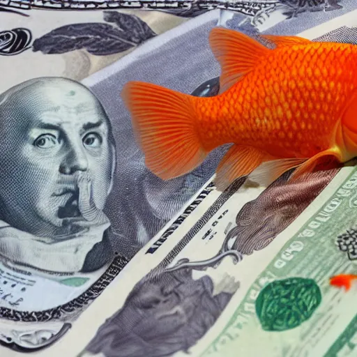 Image similar to a goldfish eating money high def 8 k