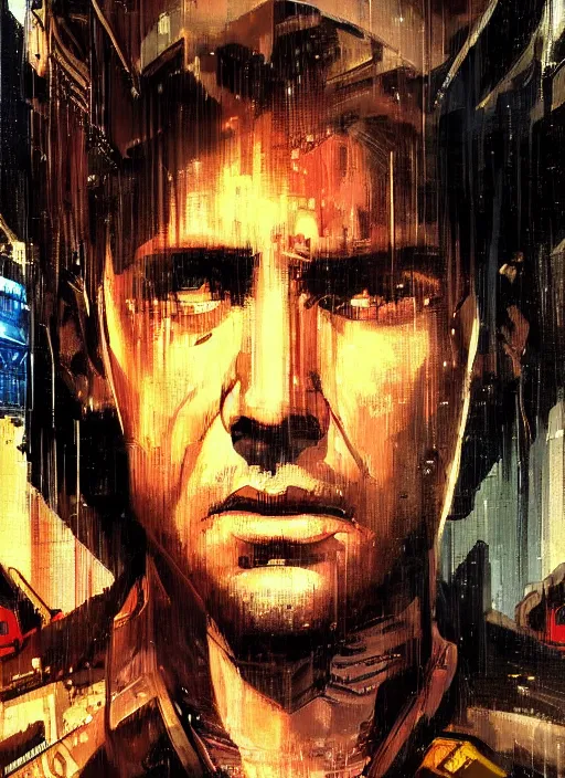 Image similar to cyberpunk military character jitters ( blade runner 2 0 4 9, dystopian, cyberpunk 2 0 7 7 character design ). attractive face. portrait by james gurney and laurie greasley and yoji shinkawa, oil on canvas. cinematic composition, hyper realism, realistic proportions, anatomy, dramatic lighting, photorealistic, high detail, 4 k