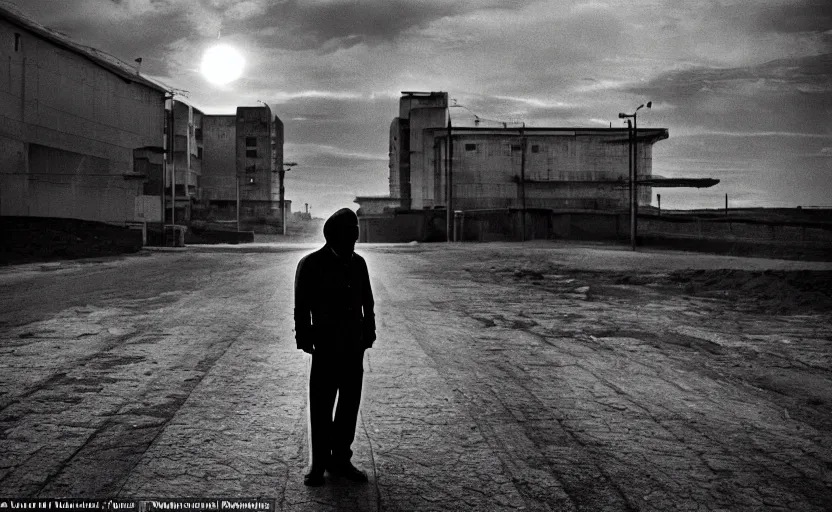 Image similar to On a parking lot in a futuristic space city of Neo Norilsk on the Moon, a Mysterious man is standing in the middle of a street photo by Trent Parke, the sun is blinding, a Russian city on the Moon