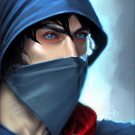 Prompt: ultra realistic illustration, man with black hair with a black mask, in blue hood, red and blue eyes, highly detailed, digital painting, artstation, concept art, smooth, sharp focus, illustration, art by artgerm and greg rutkowski and alphonse mucha