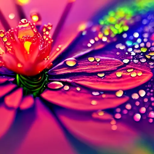 Prompt: a fantasy flower with petals and leafs, dew, water drops, ultra detailed, sunrise, close up, macro, hyper colorful, trending on artstation