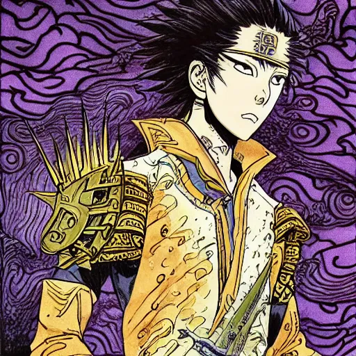 Prompt: a handsome golden Vagabond magic swordsman glides through a beautiful battlefield magic the gathering dramatic esoteric pen and ink illustrated in high detail by Kishimoto