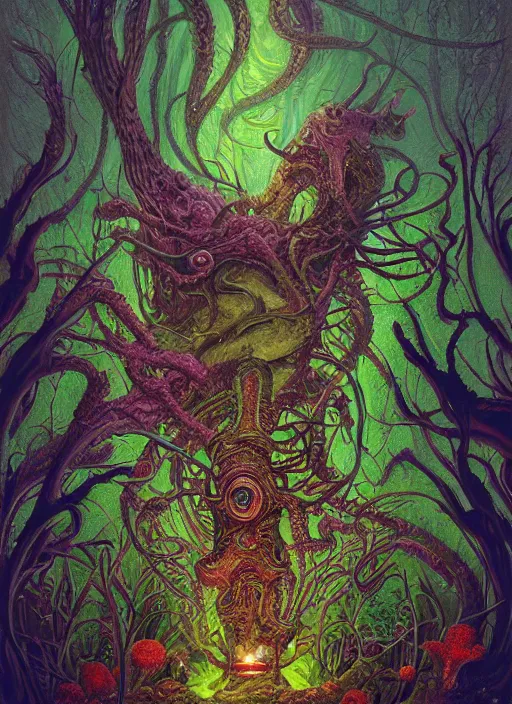 Image similar to lsd hippie poster art lovecraft horror machine glowing reptile eyes, plants and trees, elegant, highly detailed, centered, digital painting, artstation, concept art, smooth, sharp focus, illustration, artgerm, tomasz alen kopera, peter mohrbacher, donato giancola, joseph christian leyendecker, wlop, frank frazetta