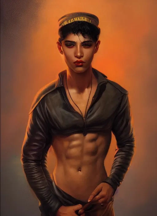 Image similar to magic realism portrait of a handsome young latino gang member in san diego, art by manuel sanjulian and tom bagshaw and boris vallejo, hyperrealism, artstation