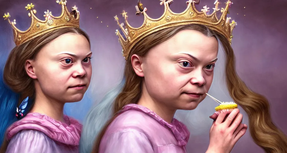 Image similar to closeup profile portrait of greta thunberg as a fairytale princess wearing a crown eating cakes in the castle kitchen, nicoletta ceccoli, mark ryden, lostfish, max fleischer, hyper realistic, artstation, illustration, digital paint, matte paint, vivid colors, bright, cheerful, detailed and intricate environment