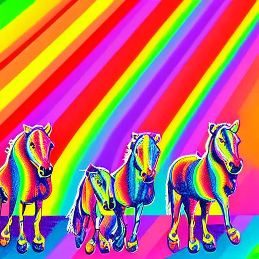 Prompt: a band of horses running down a rainbow, in the style of lisa frank