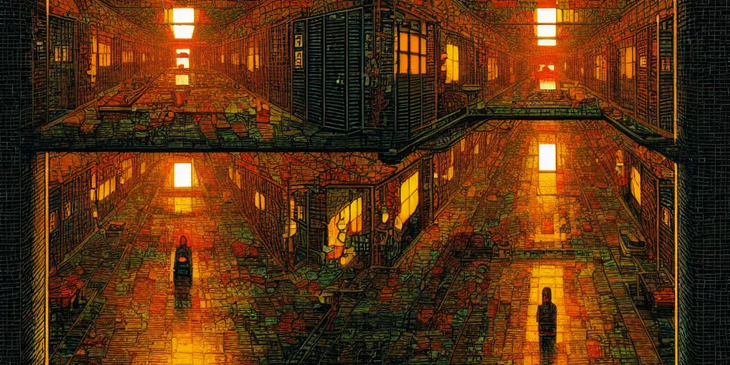 Image similar to artwork of a chinese prison by dan mumford and toshi yoshida and peter doig, vintage scifi, highly detailed, dramatic lighting, 8 k