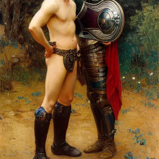 Image similar to attractive fully clothed arthur pendragon confesses his love for his attractive fully clothed male knight. highly detailed painting by gaston bussiere and j. c. leyendecker 8 k