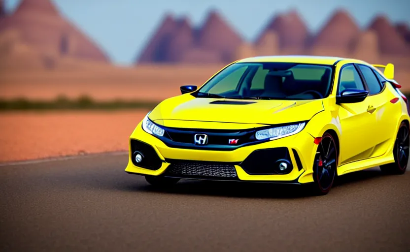 Image similar to photograph of a cell-shaded yellow Honda Civic EK9 Type-R, on a desert road with a futuristic city in the horizon, kicking up dirt, sigma 85mm f/1.4, 4k, depth of field, high resolution, 4k, 8k, hd, full color