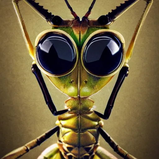 Prompt: frontview of a gold black striped praying big eyed praying mantis head face opf praying mantis with big eyes mantis with big eyes and arms, high detail, fine lines, hyperrealistic, futuristic, sci fi, steampunk, realistic