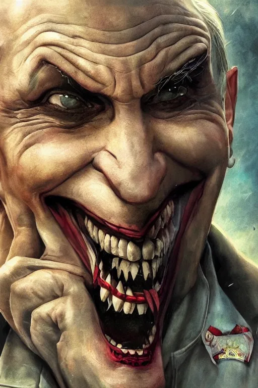 Prompt: portrait of vladimir putin as a joker in a city destroyed by war, realistic, high definition, 4 k, shimmering color, hyper detailed, art of greg rutkowski and magali villeneuve and artgerm