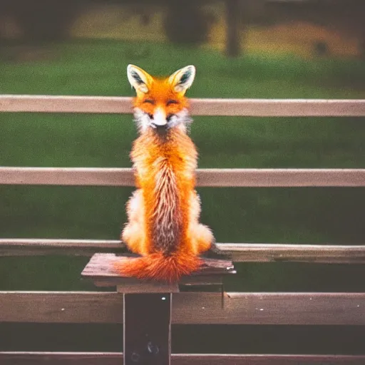 Prompt: one fox sitting ontop a wooden fence at night