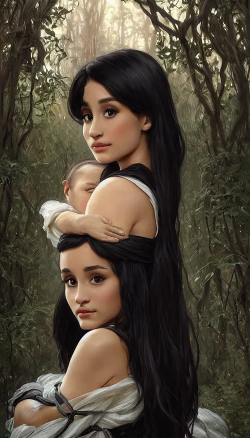 Image similar to unique cottagecore Ariana Grande holding a baby, black Hair, dark forest, intricate, elegant, highly detailed, digital painting, artstation, concept art, smooth, sharp, focus, illustration, art by artgerm and greg rutkowski and alphonse mucha