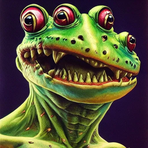 Image similar to head and shoulders portrait of a slaad anthropomorphic frog monster, d & d, fantasy, greg rutkowski, frank frazetta, alexandre chaudret, boris vallejo, michael whelan, miro petrov, hr giger, magali villeneuve, donato giancola